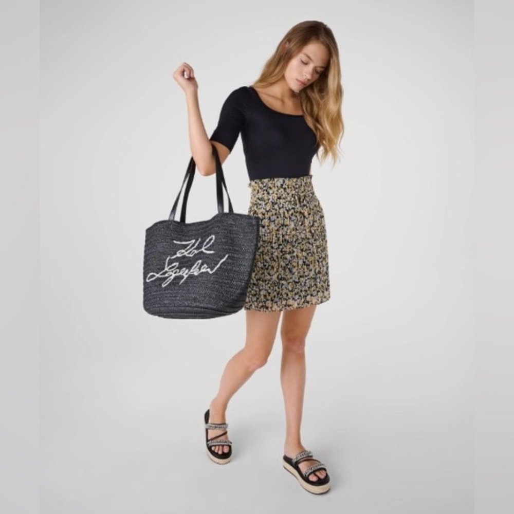 NWT Karl Lagerfeld Pleated Print Mini Skirt Black Gold Yellow Smocked Waist